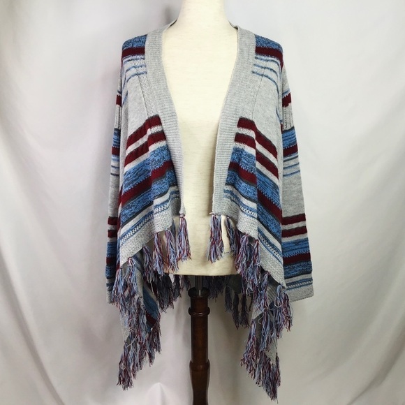 1175 Cardigan Sweater Size M Boho Fringe Soft Knit Gray Blue Burgundy - Picture 2 of 10